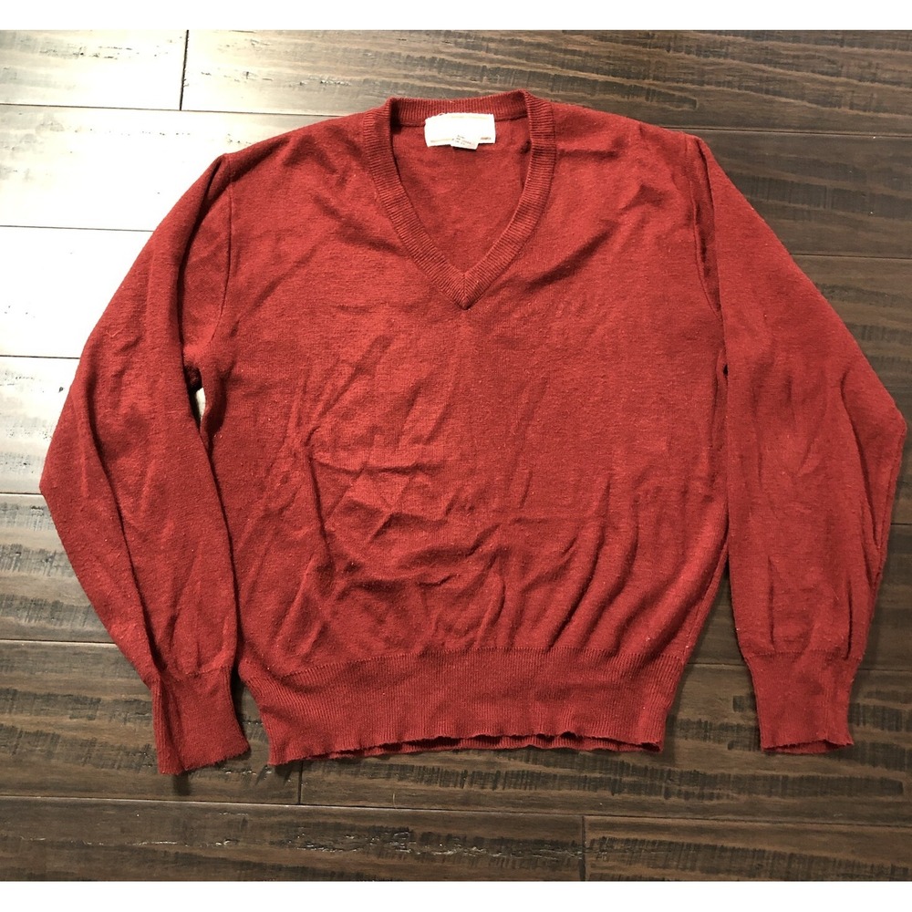 Vintage 80s Sears Men Sportswear V-Neck Sweater L Large Red Maroon Acrylic Top